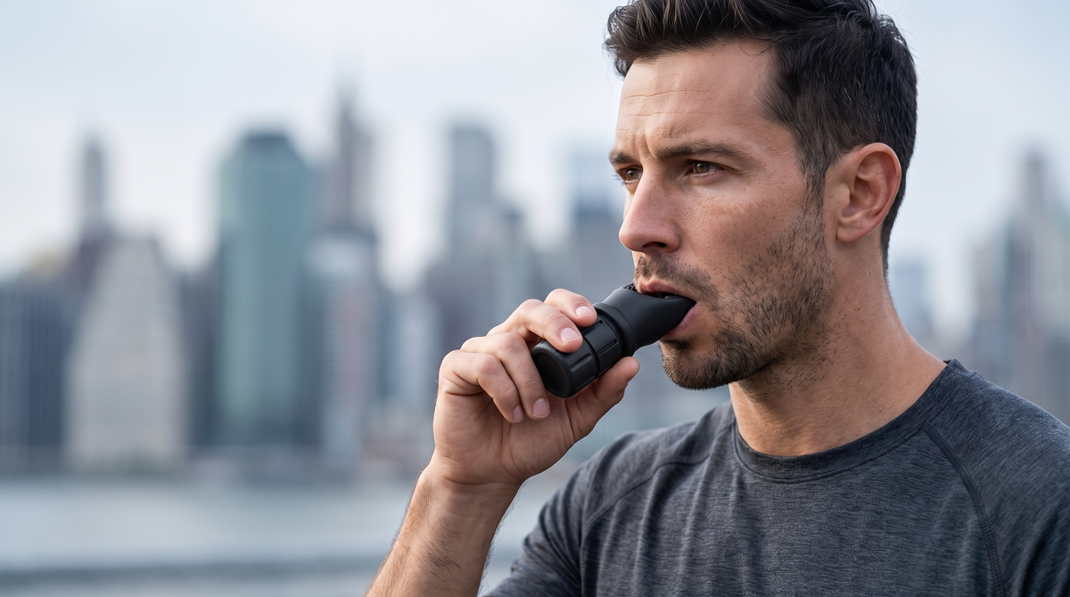 Man training with the Stillhale breathing trainer
