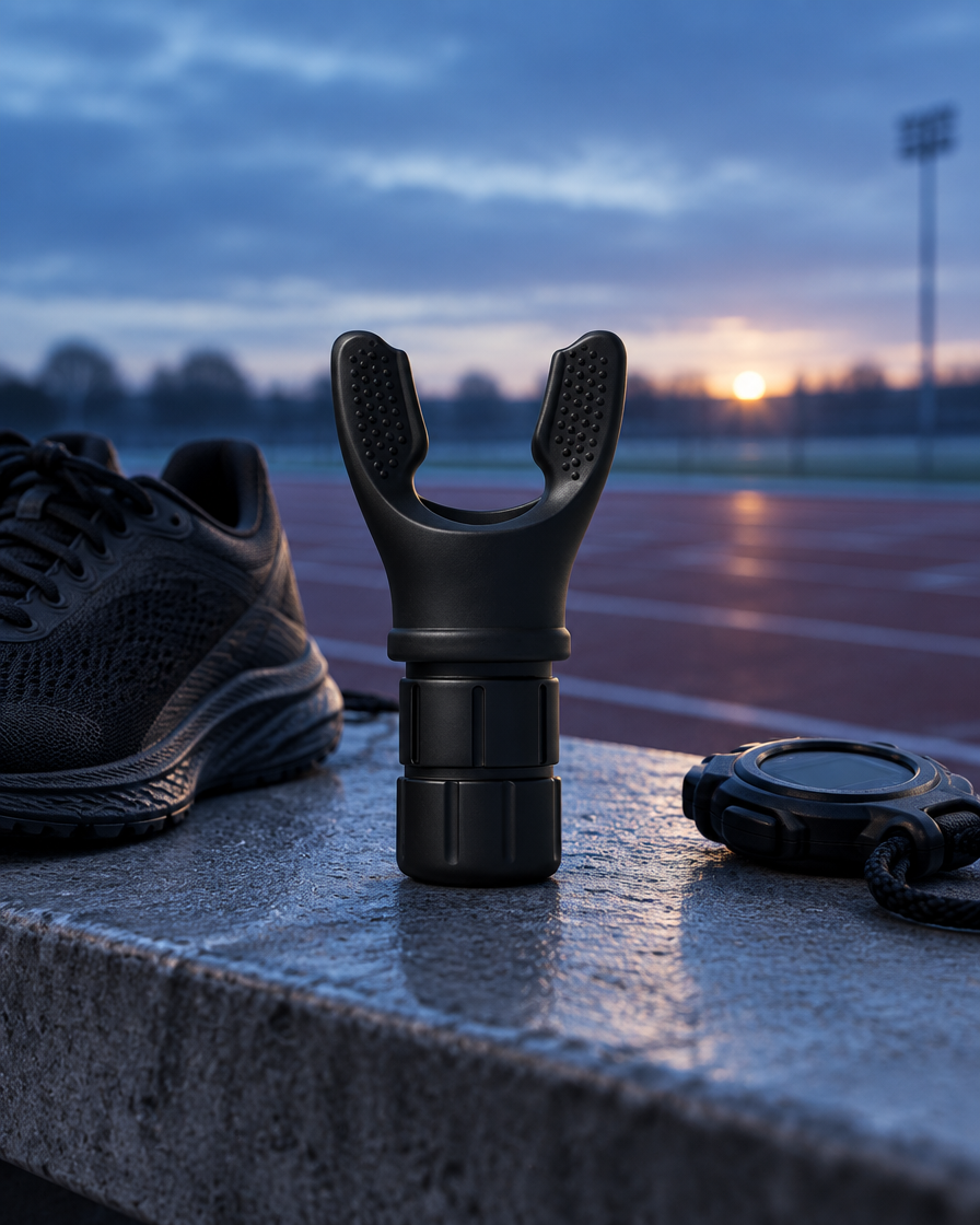 Stillhale breathing trainer on a bench at an athletics track